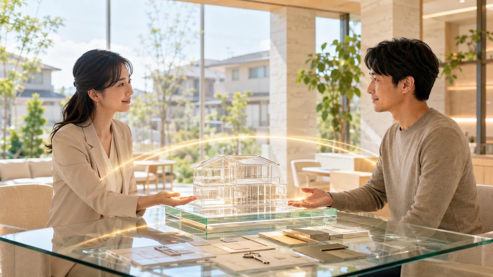 住まいの模型を囲み、お客様と向き合う不動産担当者
