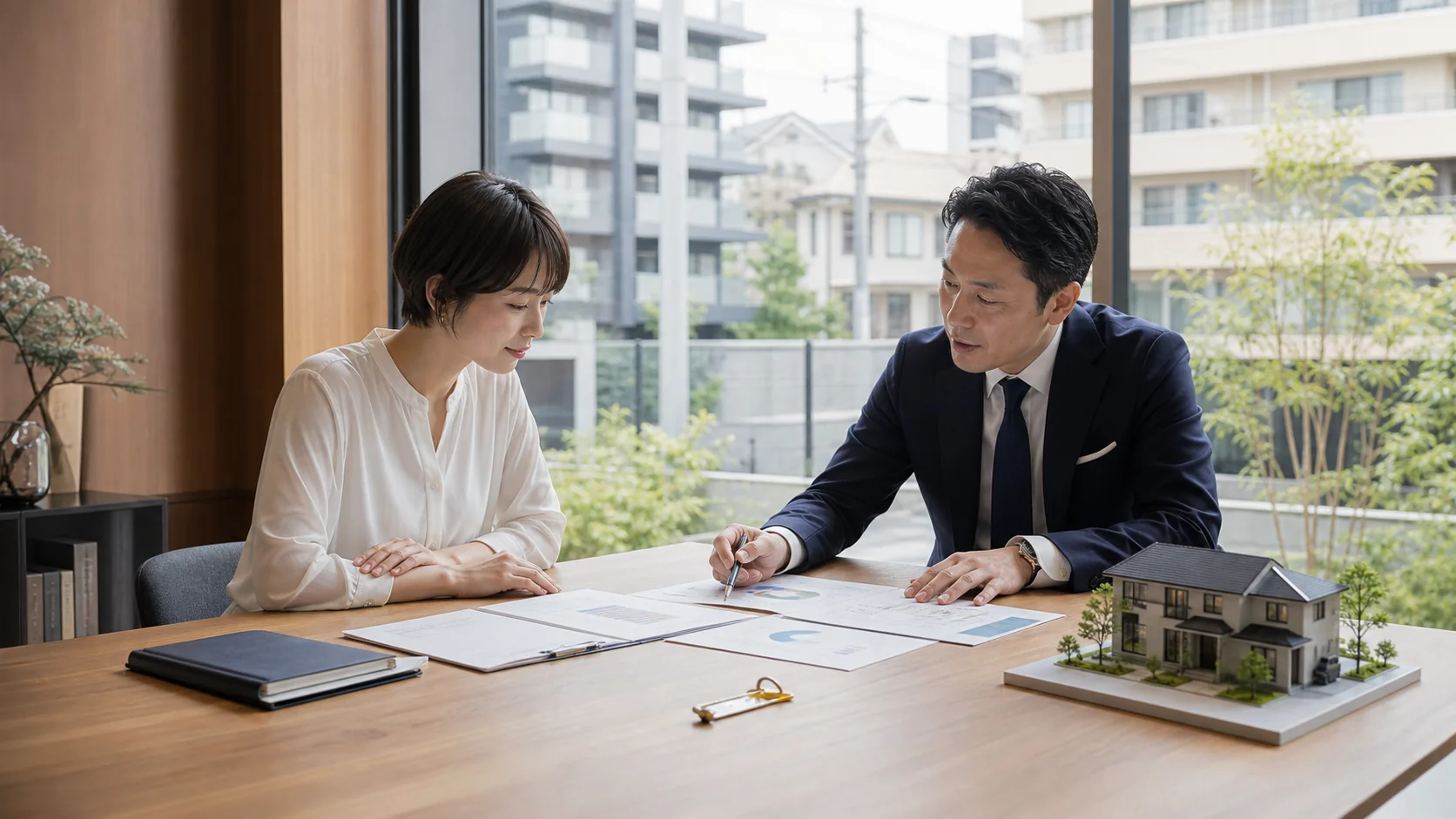 売却査定の資料を確認する担当者と相談者